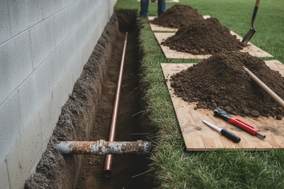 Excavated water line trench during Water Heater Repair in Kirkland